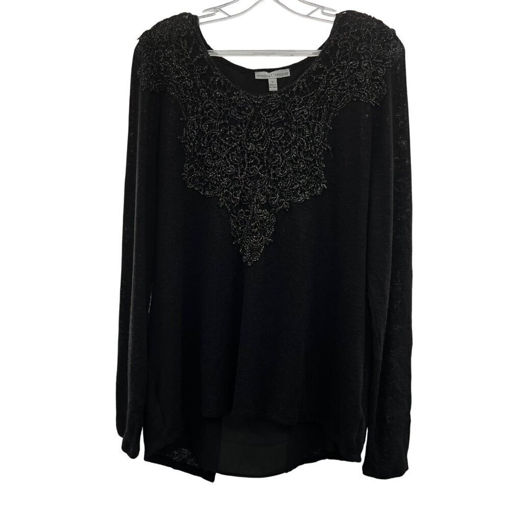 Moa Moa Women's Split Back Sweater Embroidered Neck Black/Silver Size Large New